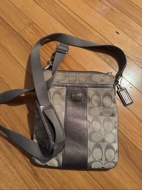 Coach Gray/Silver Signature Crossbody with Leather Trim